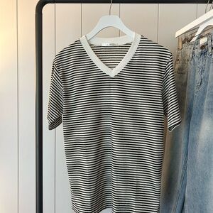 Woman’s Black and White Striped V-Neck T-Shirt